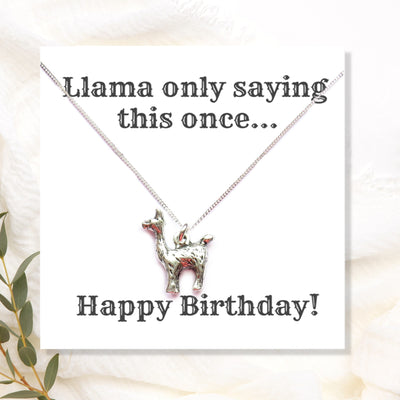 Happy Birthday Llama Necklace on Funny Message Card