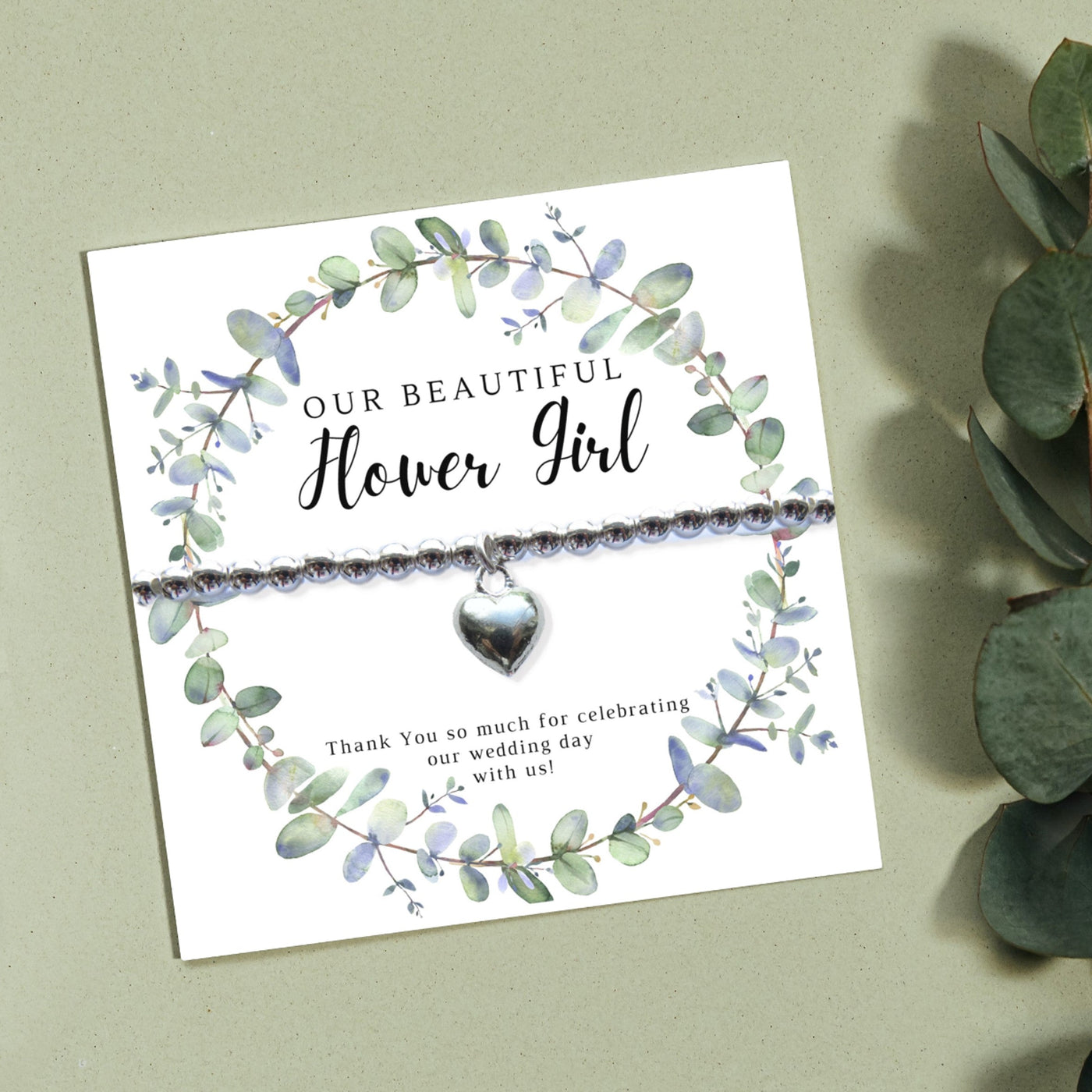Flower Girl Heart Bracelet & Eucalyptus Thank You Card