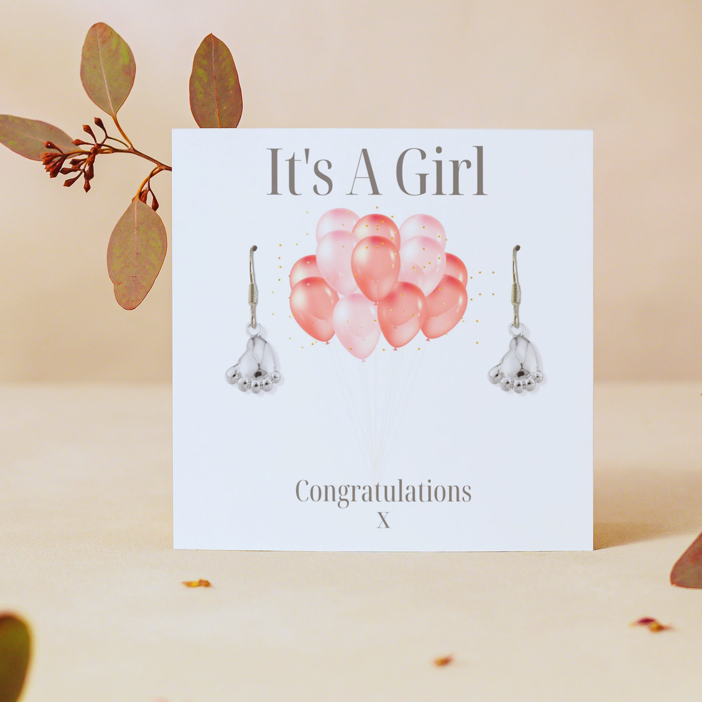 It's A Girl Balloon Gift Card-Bracelet-Necklace-Earrings