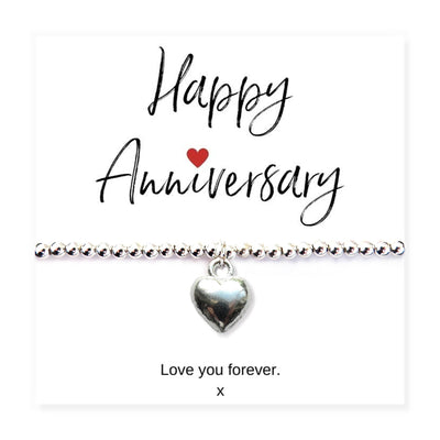 Silver Heart Beaded Bracelet &  Anniversary Message Gift Card