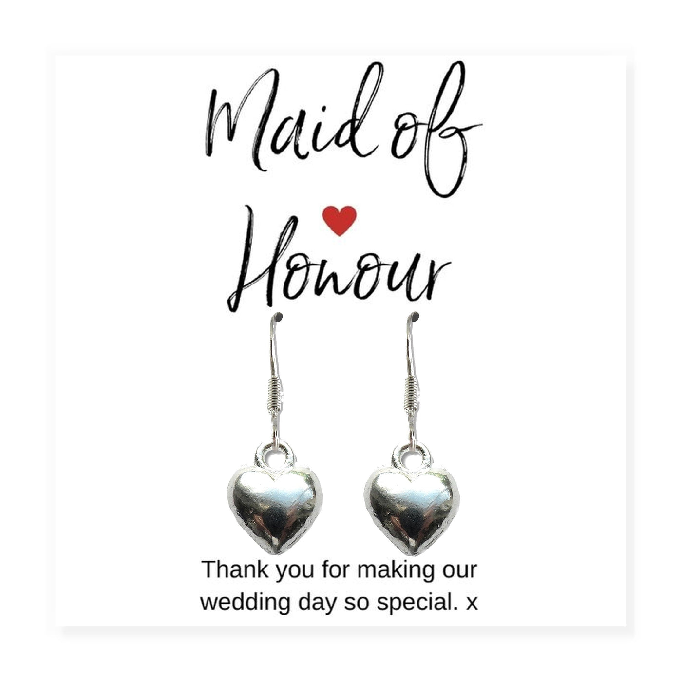 Maid of honour Heart Earrings & Thank You Card Gift