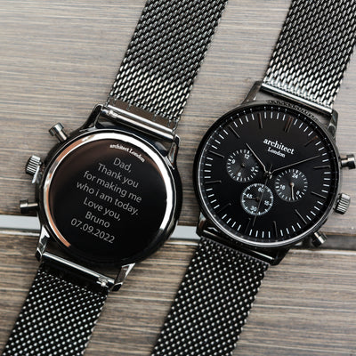 Mens Architect Motivator Watch In Black With Black Mesh Strap - Modern Font Engraving
