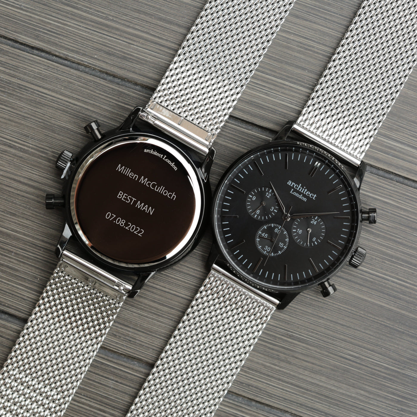 Mens Architect Motivator Watch In Black With Silver Mesh Strap - Modern Font Engraving