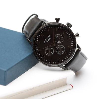 Handwriting Engraving - Mens Architect Motivator Watch in Black with Black Leather Strap