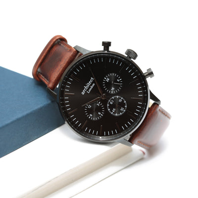 Mens Architect Motivator Watch In Black With Walnut Strap - Modern Font Engraving
