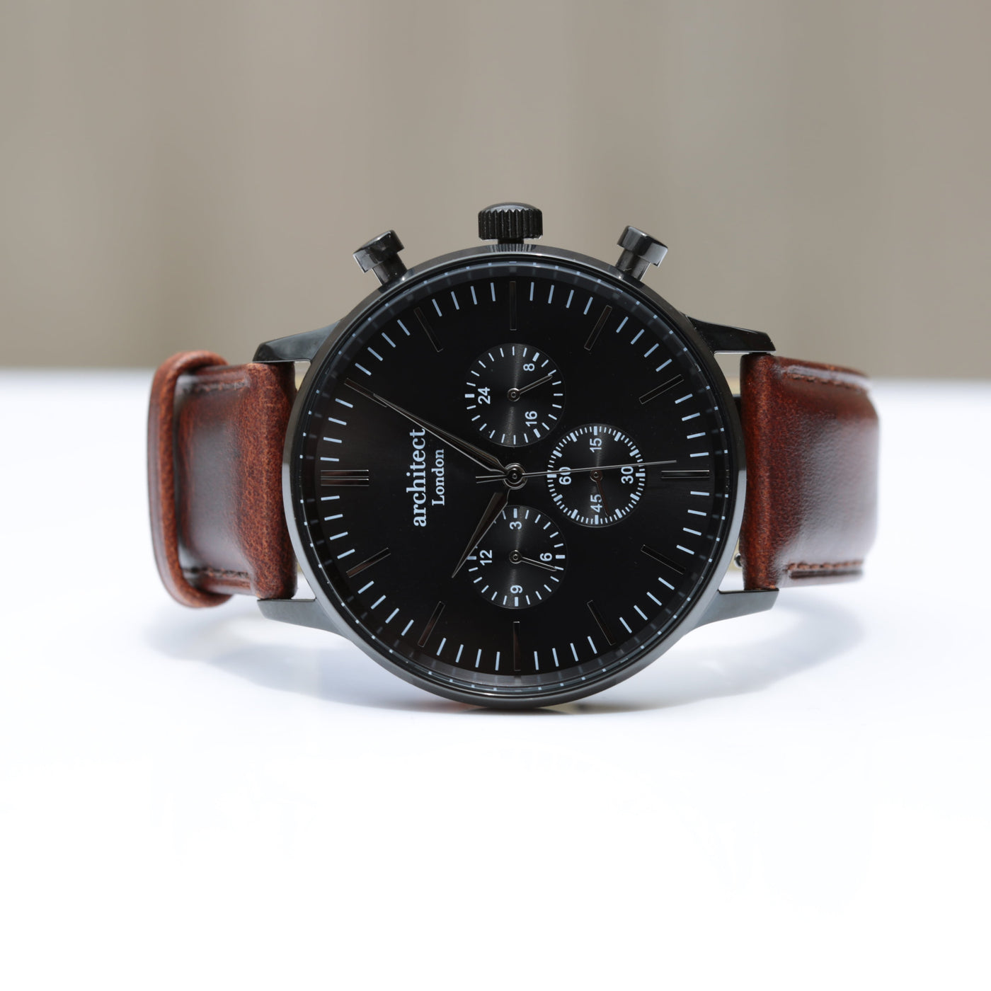 Mens Architect Motivator Watch In Black With Walnut Strap - Modern Font Engraving