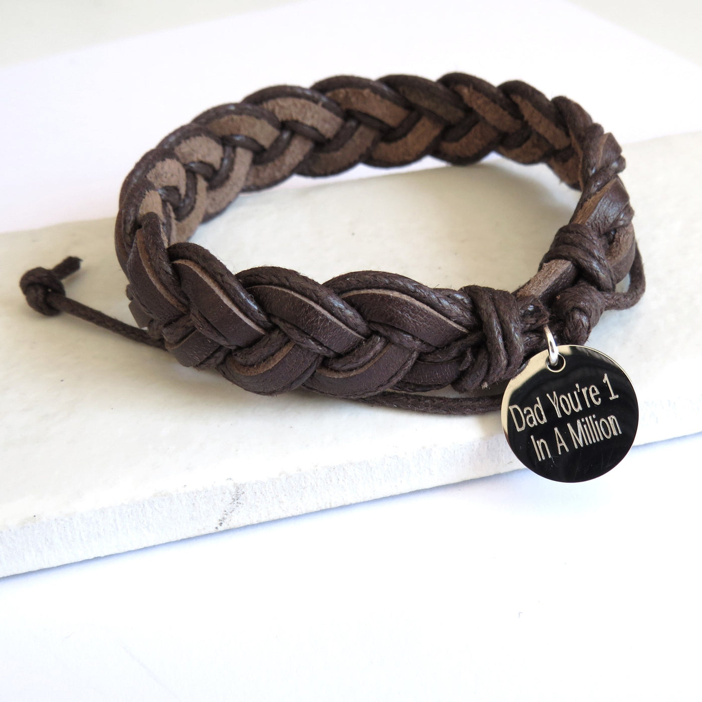 Personalised Brown Mens Pleated Leather Bracelet