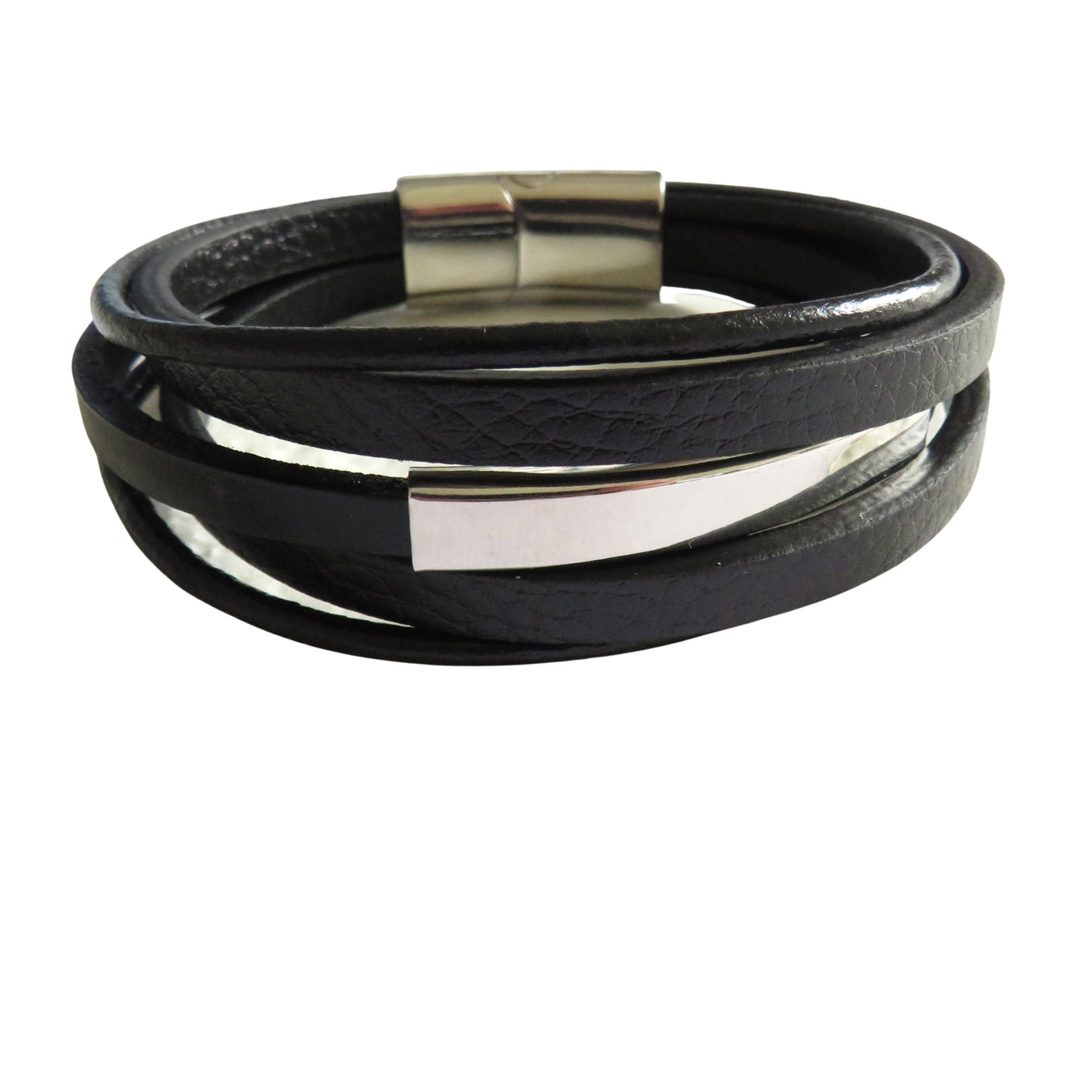 Men's Black Leather Bar Bracelet