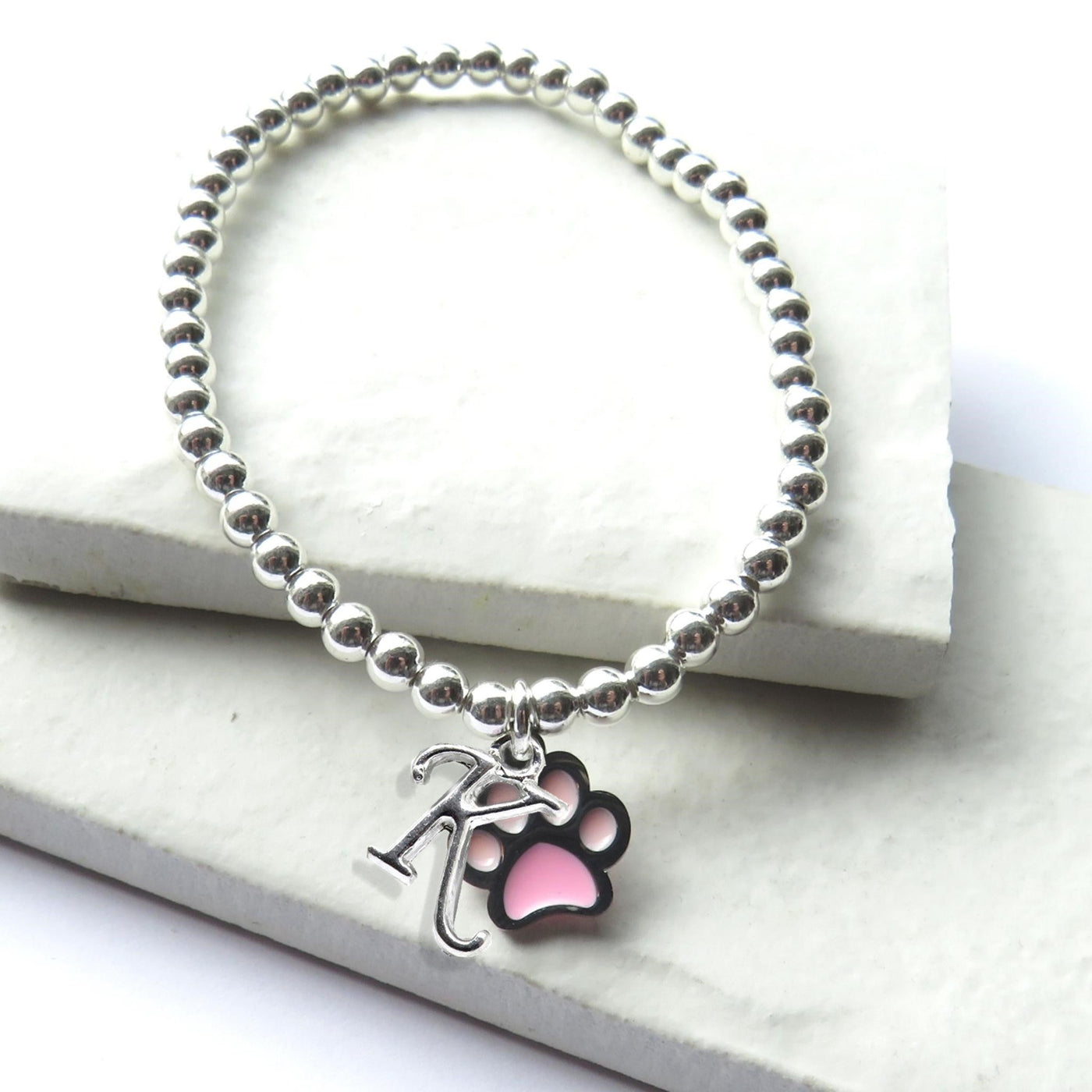 Personalised Initial Girls Pink Paw Shaped Charm Bracelet