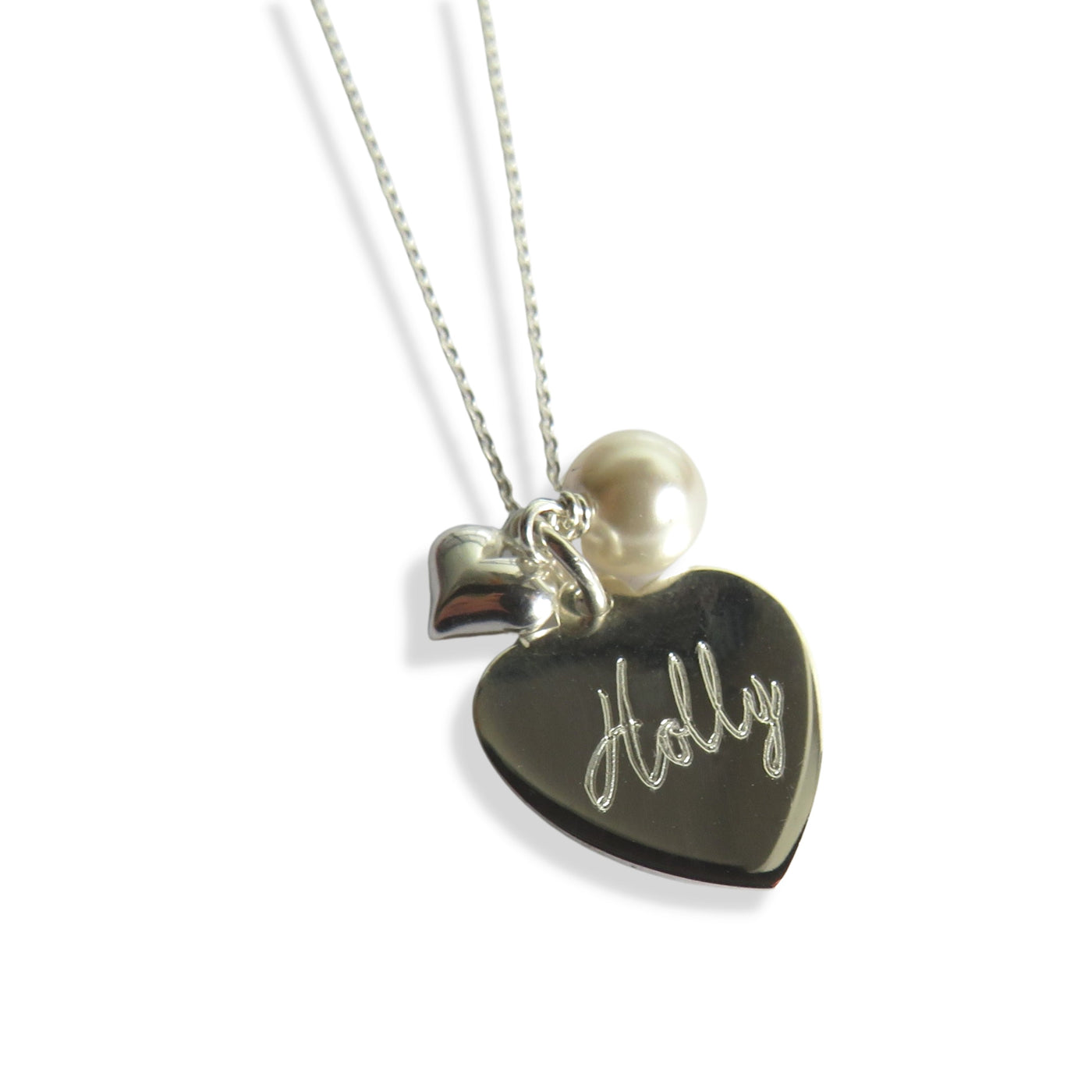 Personalised Silver Heart, Pearl & Mini Heart Charm Necklace