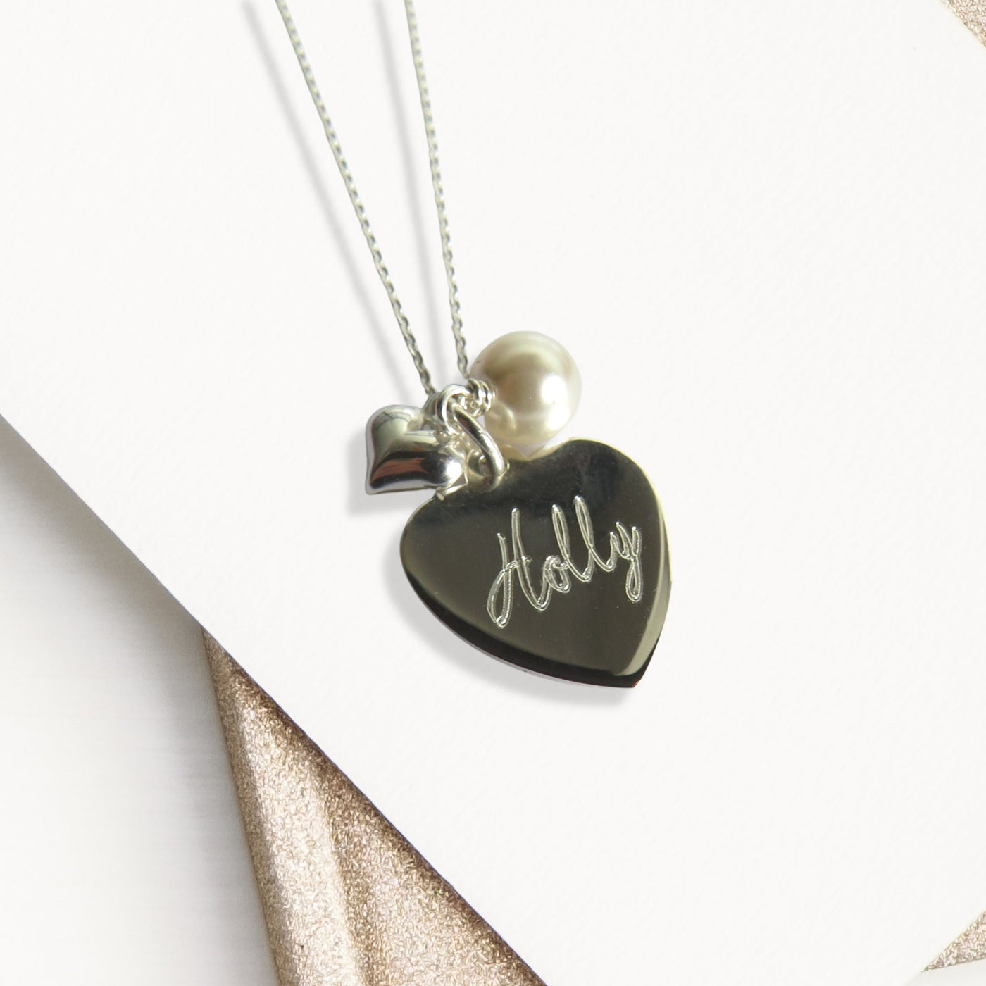 Personalised Silver Heart, Pearl & Mini Heart Charm Necklace