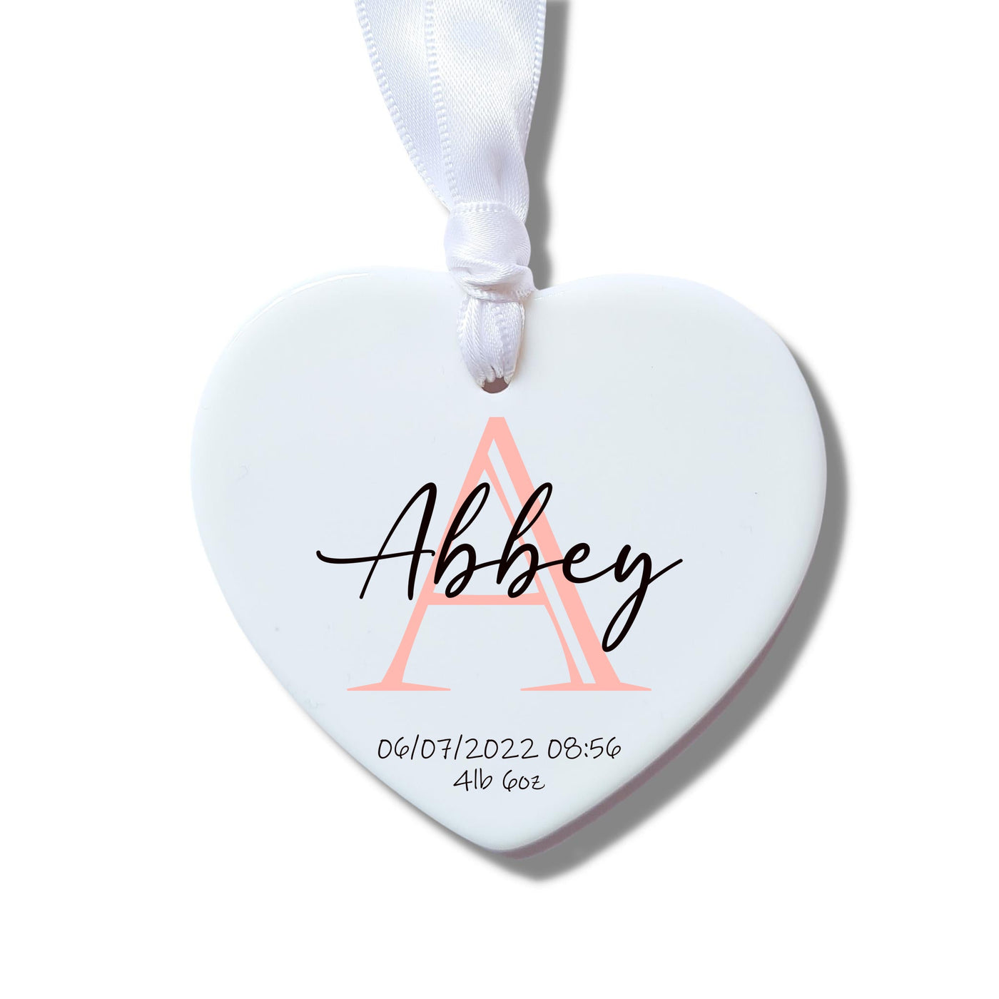 Personalised Pink New Baby Announcement Heart Ceramic Decoration