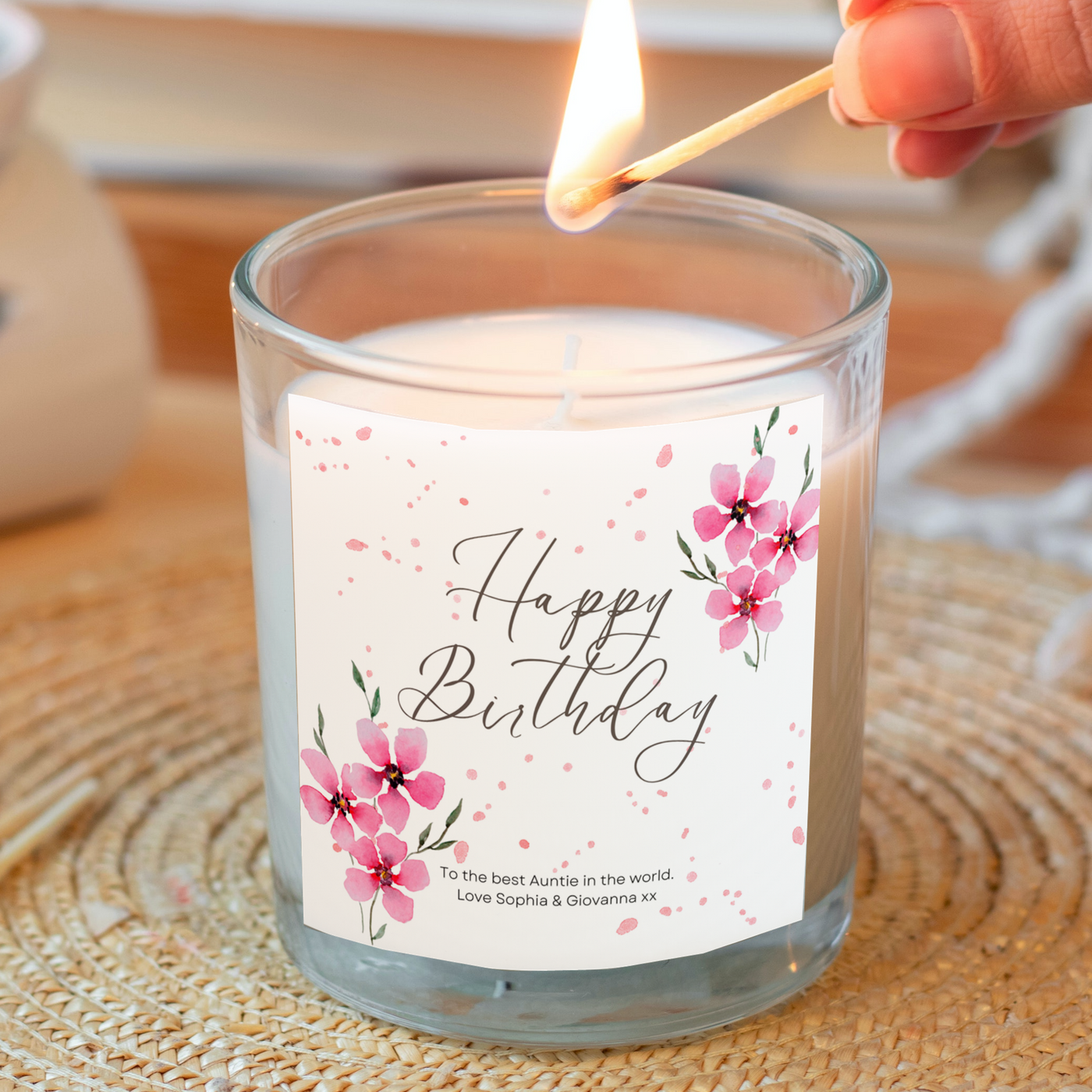 Personalised Pink Flowers Happy Birthday Candle