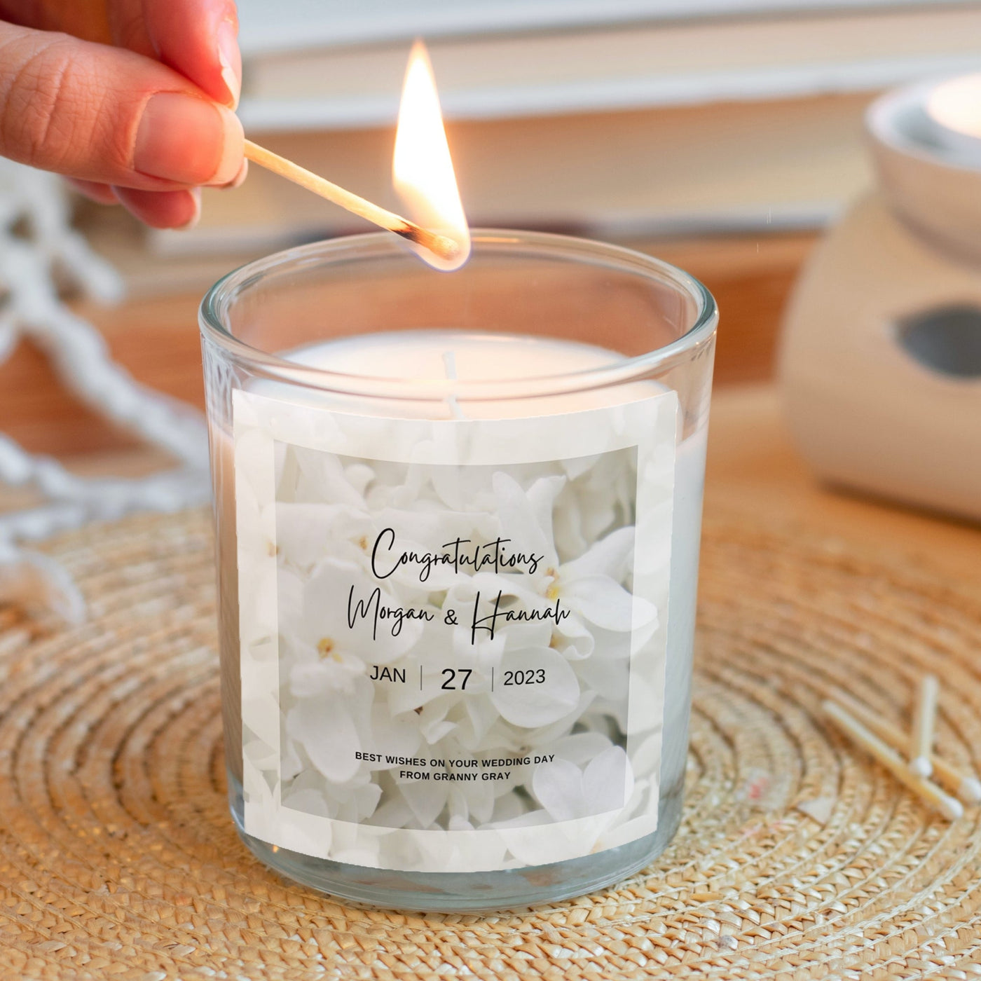Personalised White Floral Wedding Day Candle