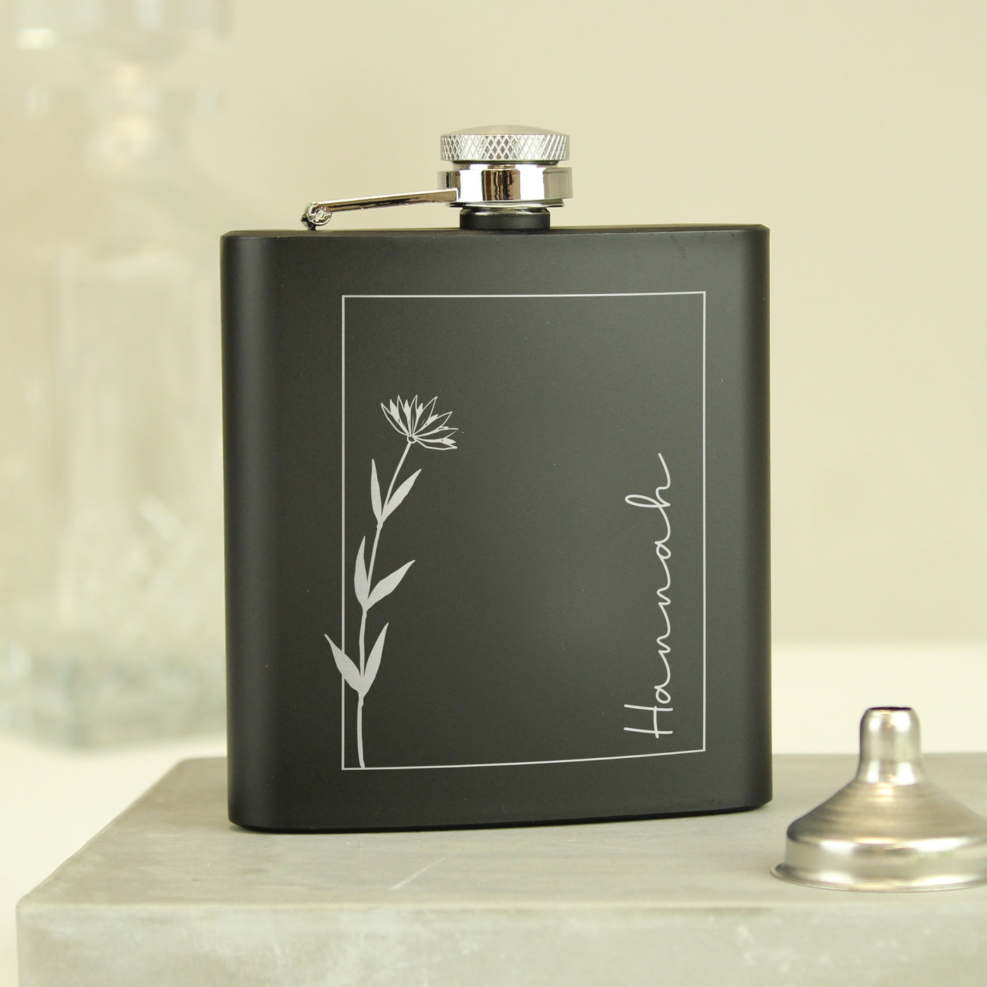 Personalised Monochrome Floral Name Wedding Party Black Hip Flask