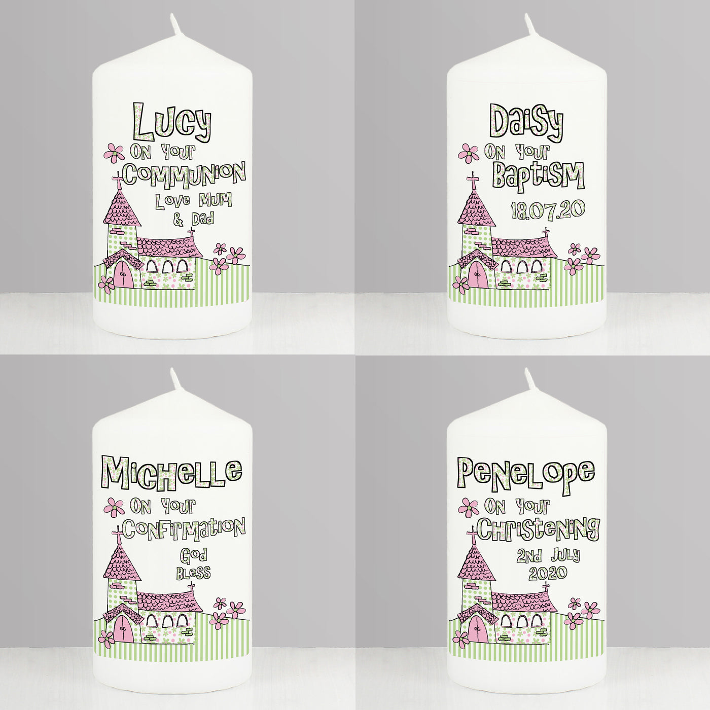 Personalised Pink Church Pillar Candle