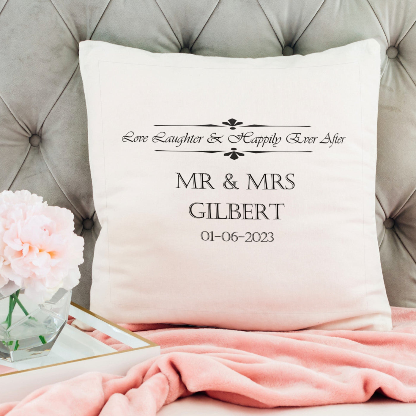 Personalised Love Laughter Wedding Cushion