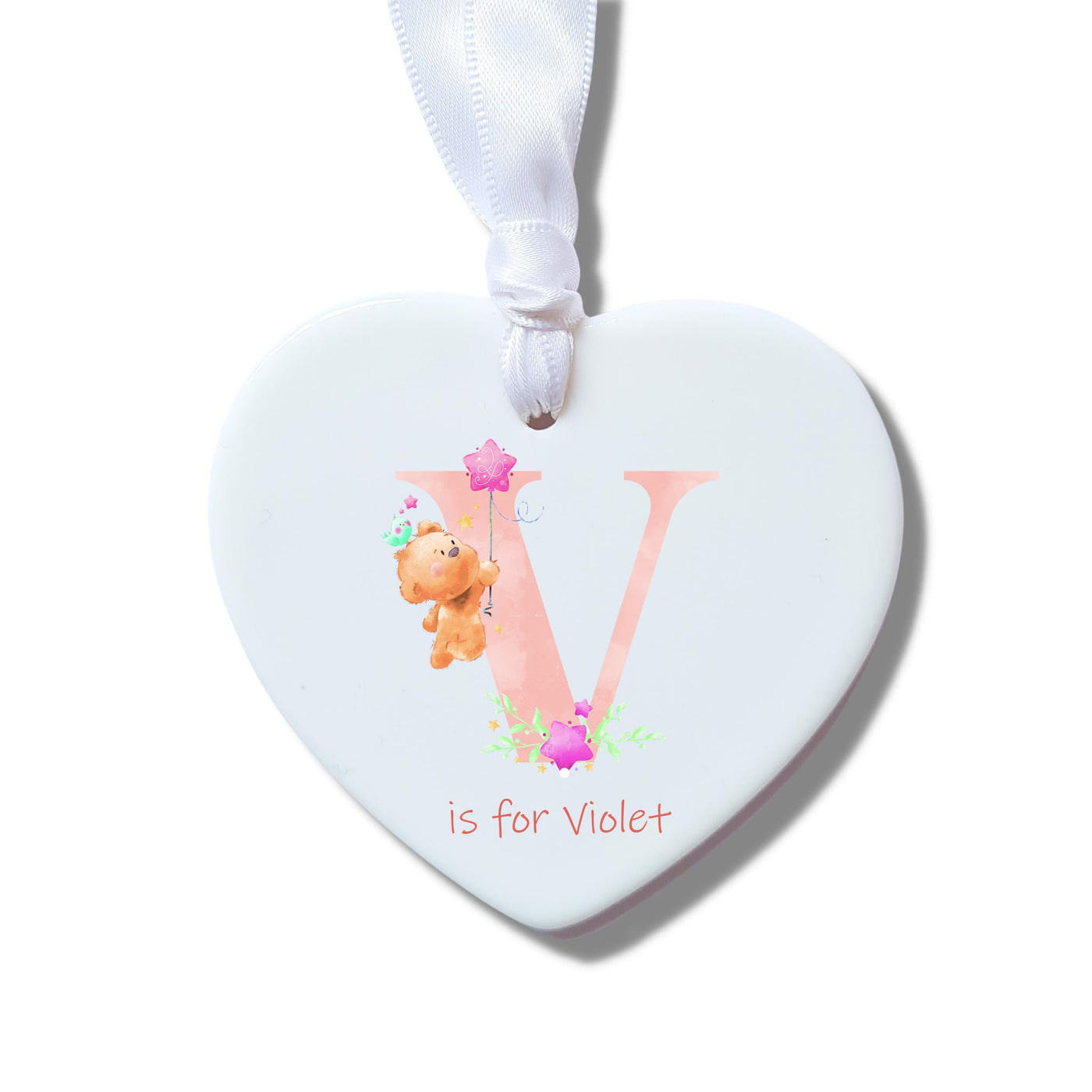 Personalised Pink Initial with Teddies Heart Ceramic Decoration