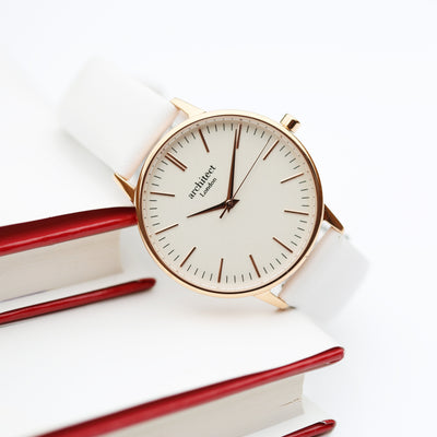 Ladies Architect Blanc Watch - Modern Font Engraving + White Strap