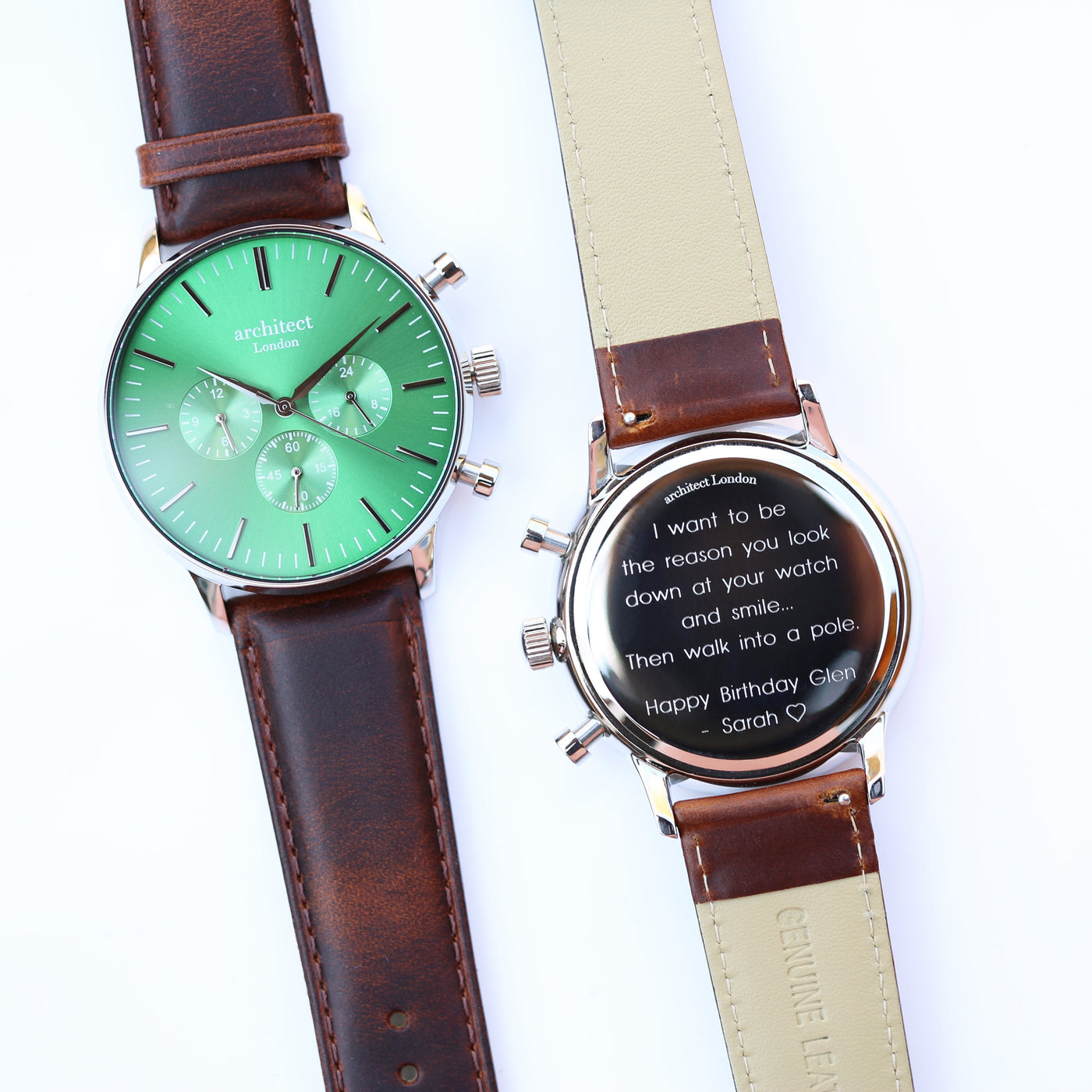 Mens Architect Motivator Watch In Envy Green With Walnut Strap - Modern Font Engraving