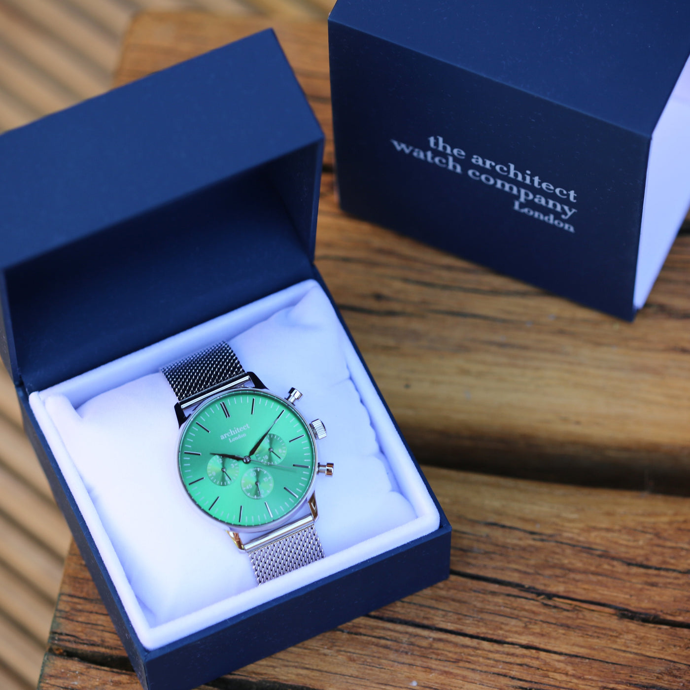 Mens Architect Motivator Watch In Envy Green With Silver Mesh Strap - Modern Font Engraving