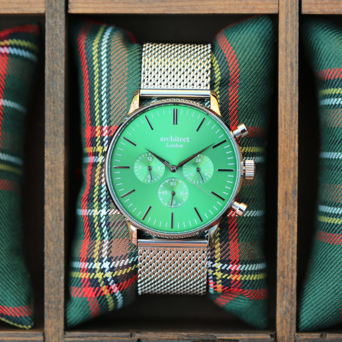 Mens Architect Motivator Watch In Envy Green With Silver Mesh Strap - Modern Font Engraving