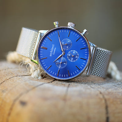 Mens Architect Motivator Watch In Blue With Silver Mesh Strap - Modern Font Engraving