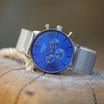 Mens Architect Motivator Watch In Blue With Silver Mesh Strap - Modern Font Engraving