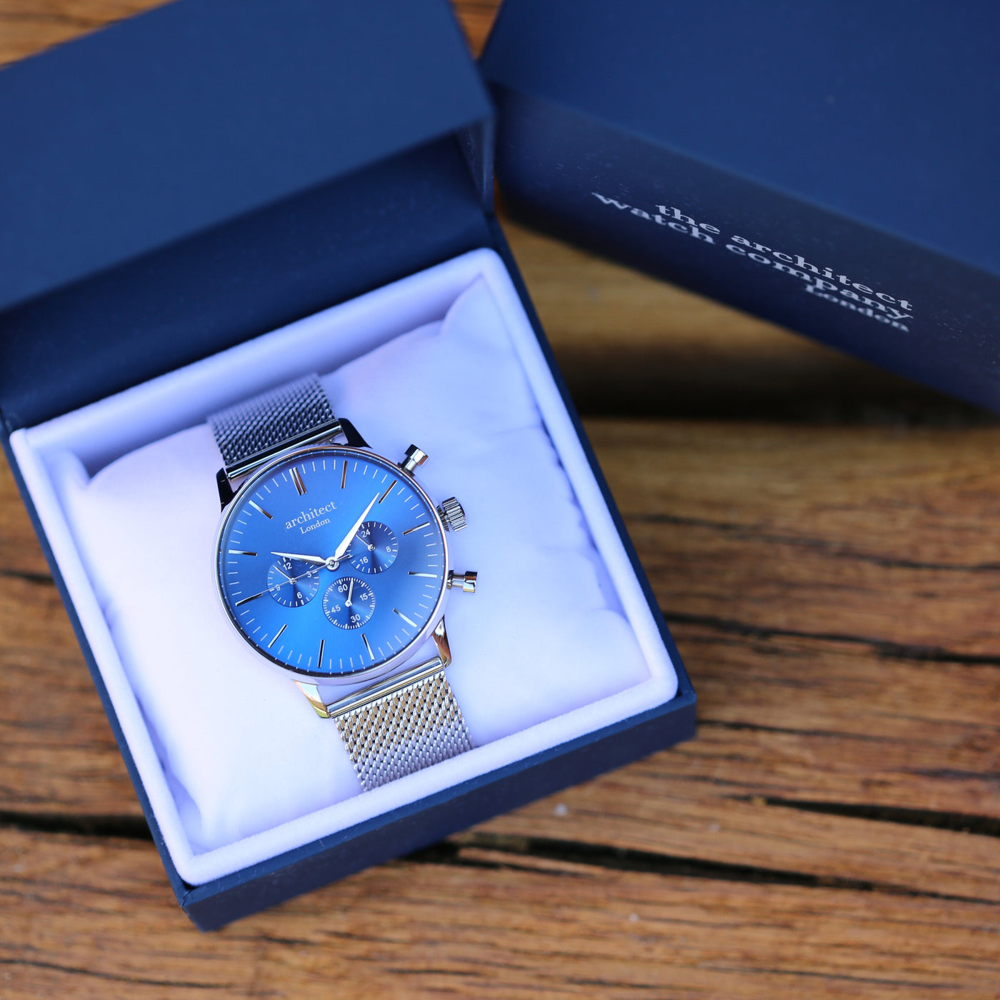 Handwriting Engraving - Mens Architect Motivator Watch Blue Face Silver Strap
