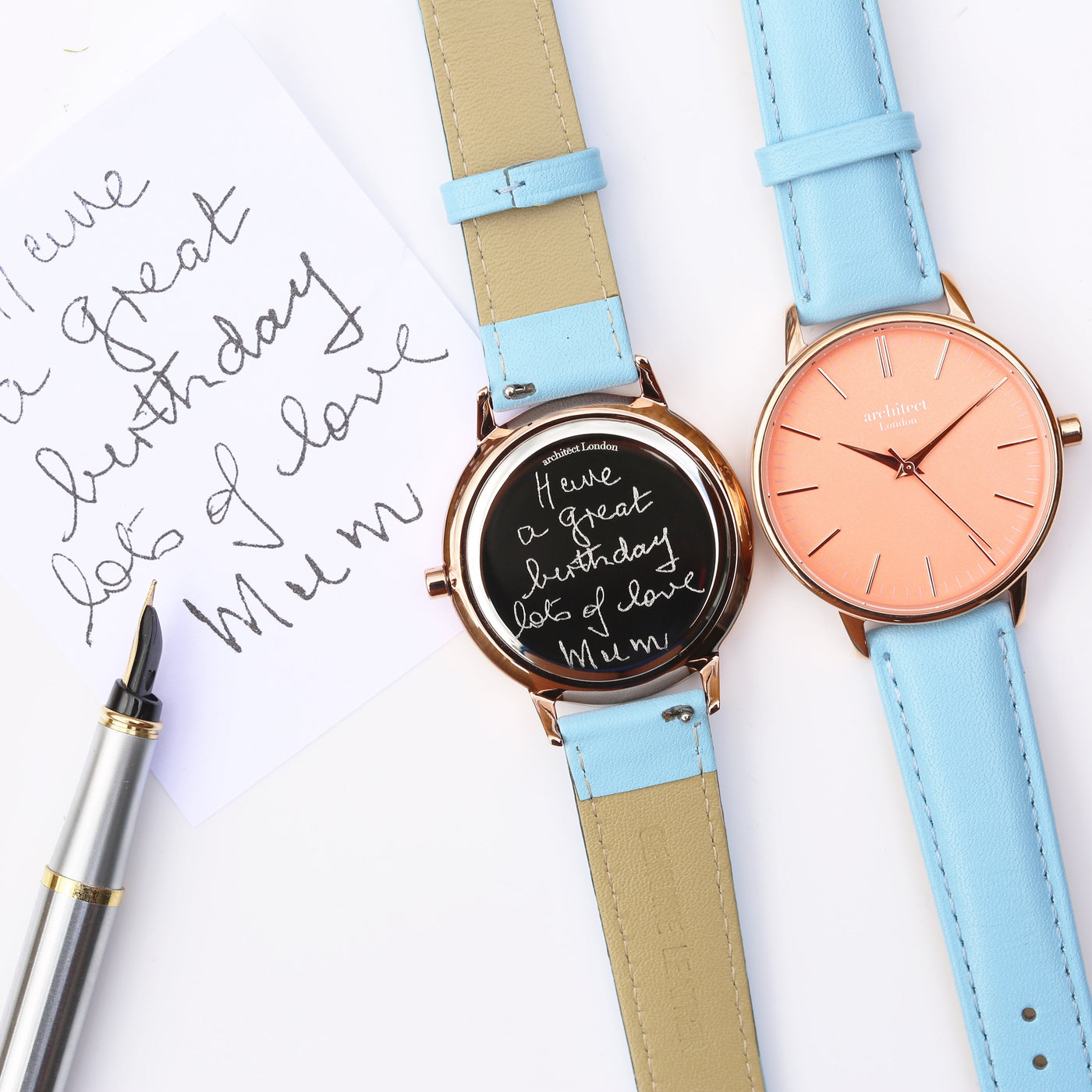 Ladies Architect Coral Watch - Handwriting Engraving + Light Blue Strap
