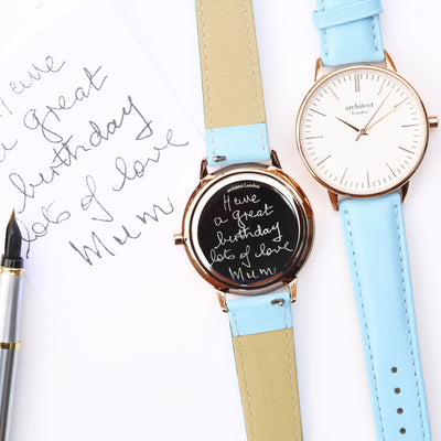 Ladies Architect Blanc Watch - Handwriting Engraving + Light Blue Strap