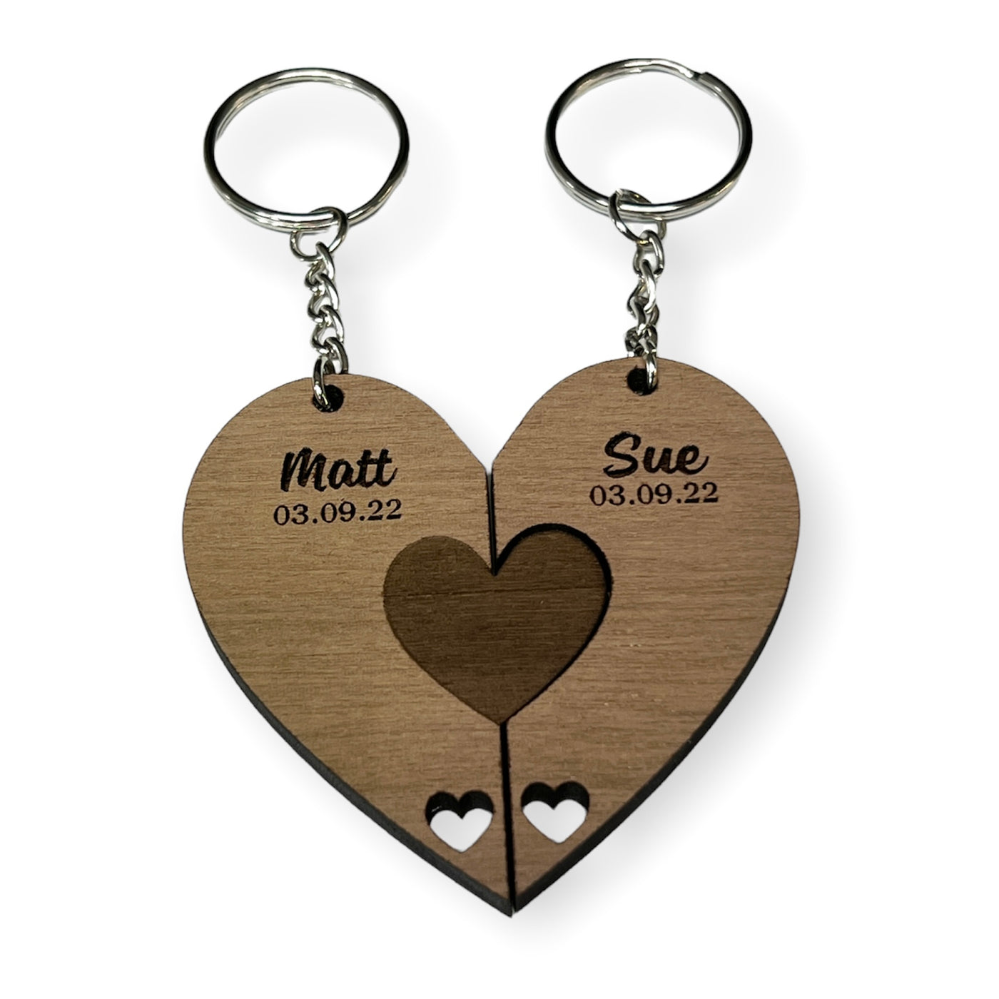 Personalised Walnut Interlocking Heart Keyrings - TwoBeeps.co.uk
