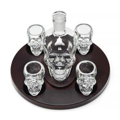Glass Skull Decanter with Matching Tumblers & Wooden Base