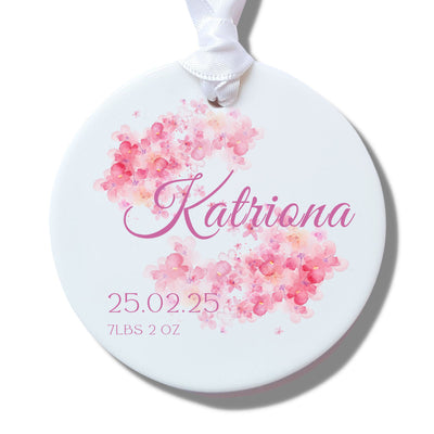 Personalised New Baby Girl Pink Flower Ceramic Decoration-New Born Christening Gift